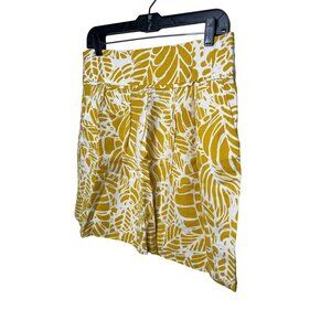 LOFT Linen Blend Mini Skirt Yellow White Leaf Print Size 8 Flare Casual Work